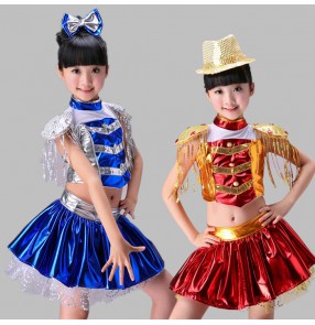 Royal blue silver red gold patchwork leather fringes sequins girls kids children stage performance school play hip hop jazz dj dance costumes outfits
